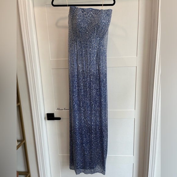 Blue and silver strapless hanging sequin shimmer evening gown